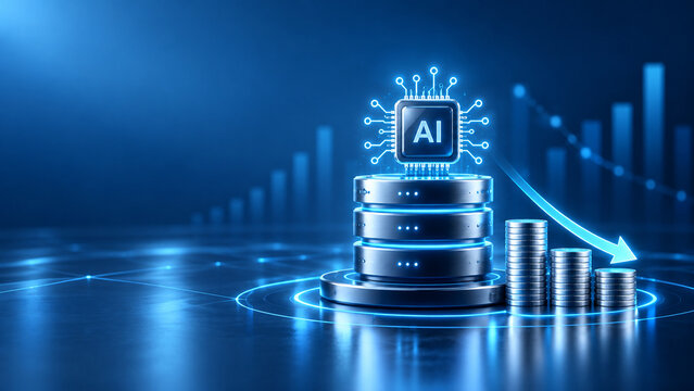 Business expense reduction through artificial intelligence automation showing AI processor downward arrow graph and stacked coins