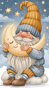 Cute cartoon gnome with a crescent moon sitting on a cloud, starry night, animation