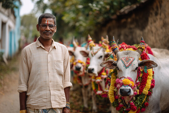 Decorated cattle worshipped by farmer on Dhanteras festival.
