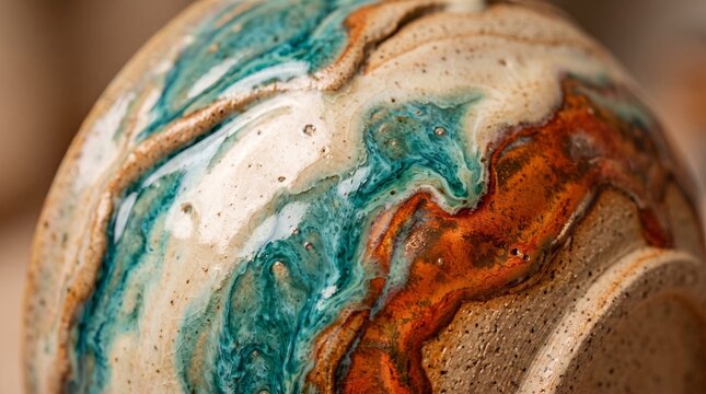 Close up macro view of handcrafted ceramic pottery featuring textured clay surface with flowing blue and earthy brown rustic glaze details