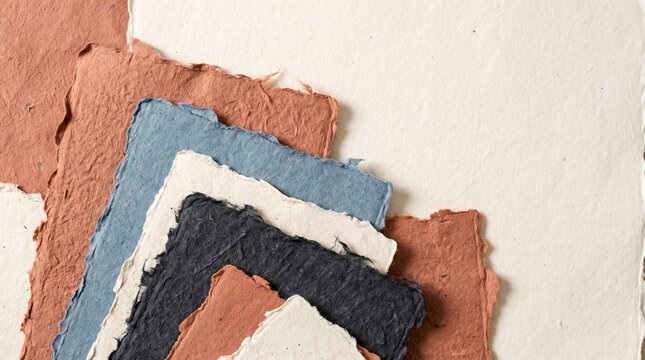 Handmade deckle edge paper sheets in earthy terracotta, blue, and neutral tones creating a textured craft background