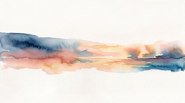 Abstract watercolor landscape painting. Serene horizon with soft blue, pink, and gold reflecting on calm water, evoking a tranquil sunrise or sunset concept