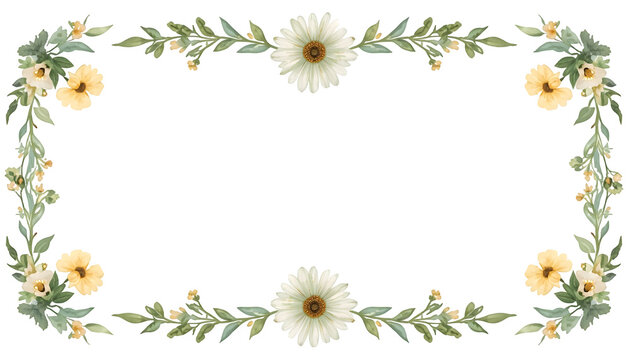 Watercolor wildflower floral illustration set - green gold flower daisy ivy wreath frame border bouquet.