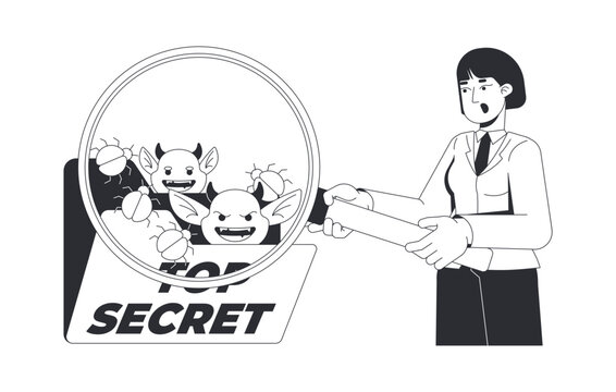 Revealing malicious intruders of top secret files line illustration concept. Malware bugs detection. IT security specialist with magnifying glass outline 2D character isolated. Flat cartoon vector art