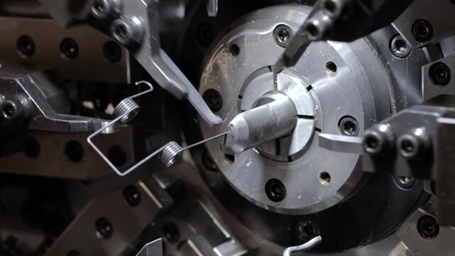 Industrial automatic wire spring forming machine manufacturing custom metal components in automated workshop.
