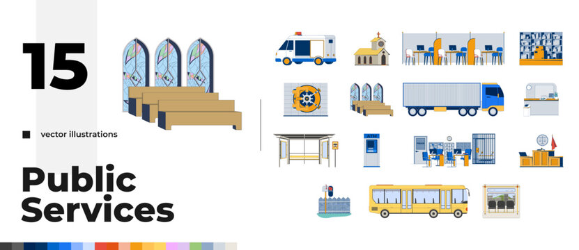 Essential public infrastructure and community facilities 2D vector illustration pack. Empty transport interiors flat cliparts isolated on white background. Colorful cartoon image collection
