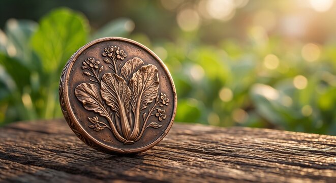 Beautiful bronze coin featuring embossed mustard greens (sawi) with blurred garden background