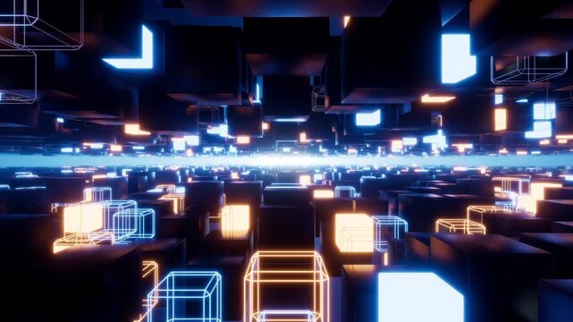 Cyber neon square space-time travel stage background plays in a loop