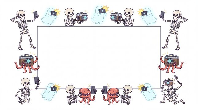 Cute Halloween vector frame template with skeletons and ghosts taking selfies