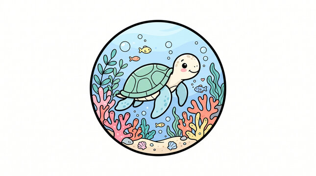 Cute sea turtle swimming underwater in a circular ocean frame with coral reef and sea life isolated on white transparent background.   