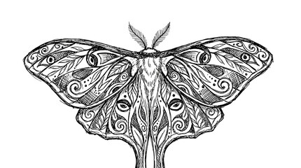 Detailed moth insect drawing with intricate wing patterns for natural history art. © Mr WaQaS