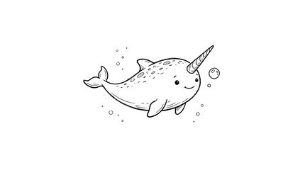 Cute hand drawn narwhal character swimming with bubbles for children illustration. © Mr WaQaS