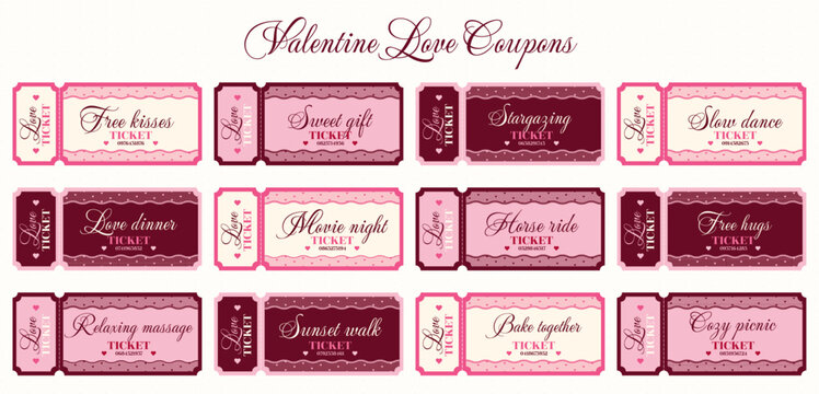 Valentine love coupons with lace borders in pink, cream and burgundy. Ideal for romantic gifts, printable cards and holiday promotions.