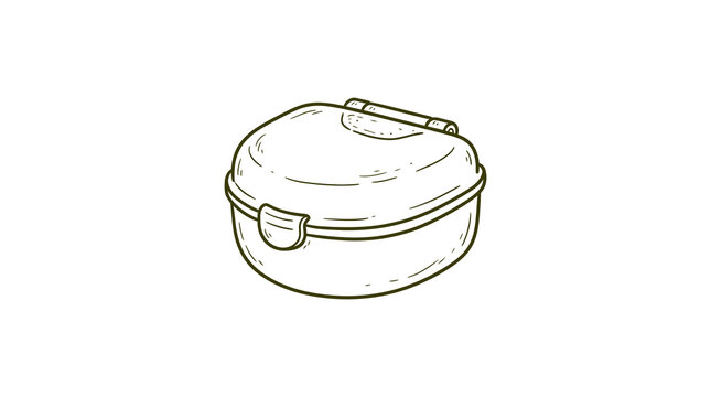 Simple line art drawing of round plastic food container for kitchen storage and lunch.
