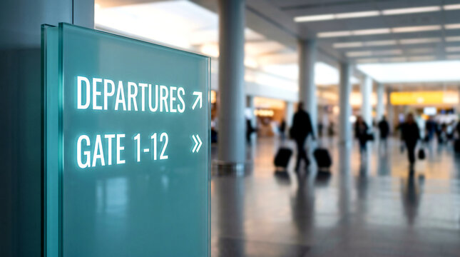 Illuminated airport sign for departures and gate information in a modern terminal with blurred passengers, travel transportation concept