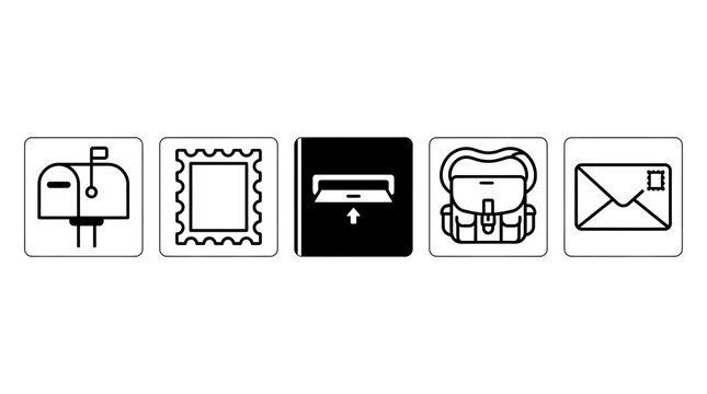 Black thin line mail and post icons vector set on transparent background.