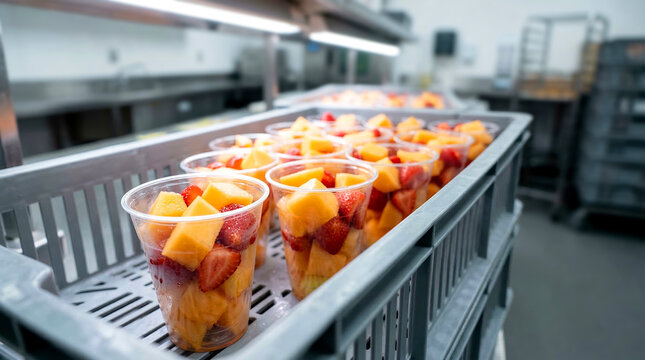 Fruit cups with chopped cantaloupe and strawberries in plastic containers, stored in gray crates in a commercial kitchen, ready for serving or distribution