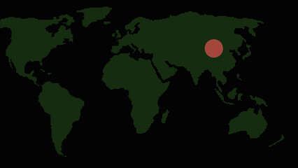 Dotted world map highlights specific regional territory with marker. Digital world map visualizes global logistics. Modern world map for international reports. © Surjomukhi