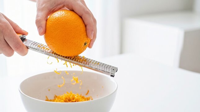 Hands grating orange peel with a microplane zester into a white bowl in a bright kitchen, culinary preparation