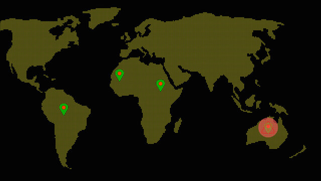 Dotted world map pinpoints multi country shipping routes with pins. Global world map visualizes branch distribution. Modern world map for logistics reports.