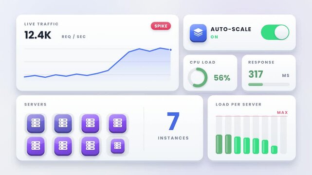 Cloud auto scaling servers under rising traffic concept for elastic infrastructure and reliable web application performance animation