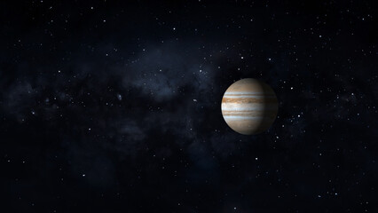 Majestic planet Jupiter rotates silently amidst starry nebula space. Distant planet Jupiter reveals gas atmosphere. Cinematic planet Jupiter for astronomy videos. © Surjomukhi