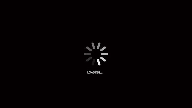 A circular loading spinner with segmented white bars rotating against a black background with the text LOADING.... below it indicating a process is underway or a system is buffering