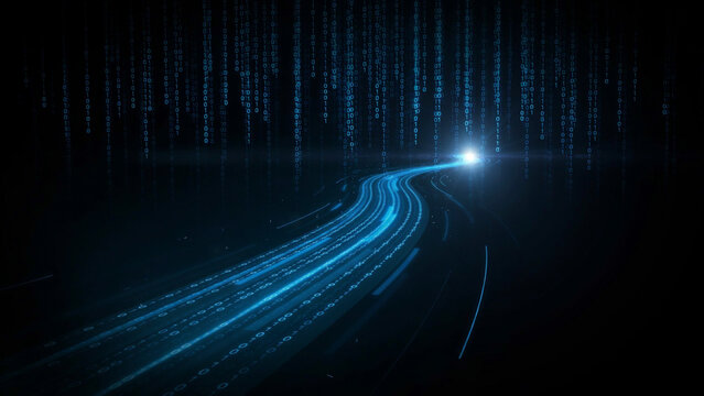 Glowing digital data pathway curving across a dark floor beneath vertical columns of binary code with technology abstract horizontal information connection communication transmission futuristic