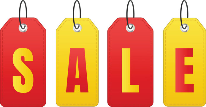 Four colorful sale price tags spelling the word sale