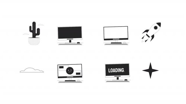 Digital loading errors black and white line animation pack. Cactus pot. Rocket launch. Blank computer screens with connection issues animated outline 4K video set on transparent background