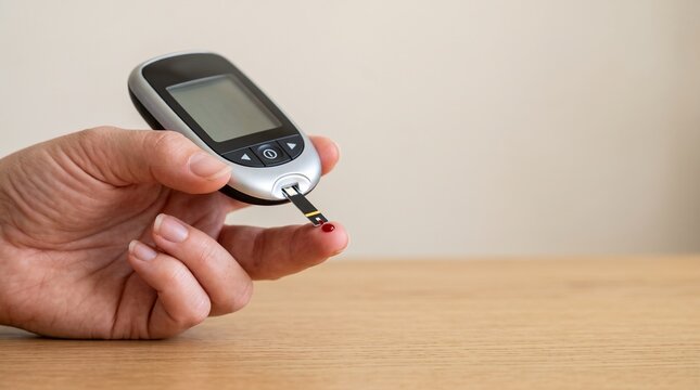 Close-up of a persons hand holding a glucose meter and testing blood sugar.