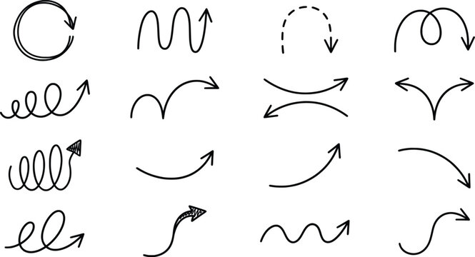 Curved arrow doodle icons set in black line art style featuring spiral loops hand drawn wave arcs circular rotation dashed u turns and split pointers isolated on white background