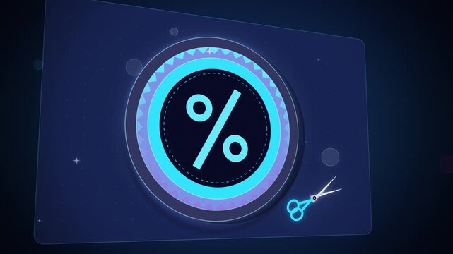Cyan percent badge on blue coupon card with scissors seamless loop