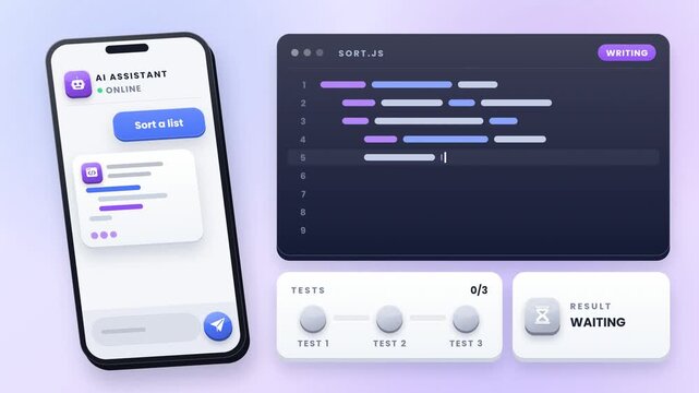 AI assistant generating programming code concept for automated software development and developer productivity on a mobile coding app
