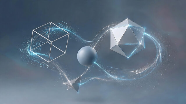 Elegant Tech Background Featuring Glowing Particles and Geometric Figures