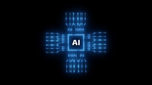 A glowing blue neon circuit board pattern forms a cross shape with a central square chip labeled AI in white, symbolizing artificial intelligence, computing, and advanced technology. Keywords: A