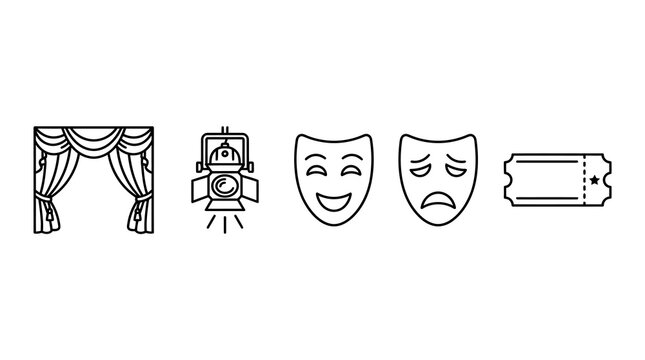 Theater performance icons set with stage curtains spotlight masks and ticket for creative arts entertainment.