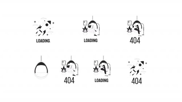 Loading rocket launch and 404 error cozy relaxing black and white line animation pack. Reading book and drinking coffee in hanging chair animated outline 4K video set on transparent background