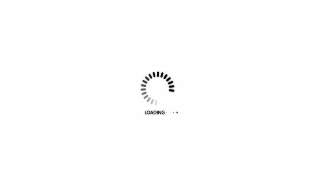 A minimalist circular loading indicator with a gradient of gray segments and the word LOADING with dots on a clean white background representing waiting or processing in digital interfaces
