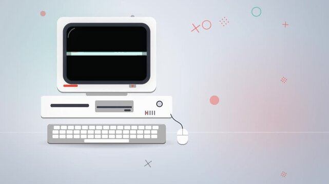 Retro desktop computer booting with keyboard and mouse seamless loop