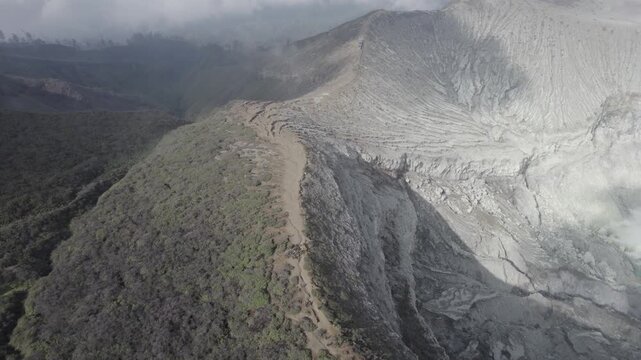 Aerial View of Kawah Ijen Crater with Turquoise Acid Lake and Sulfuric Gas, Indonesia
