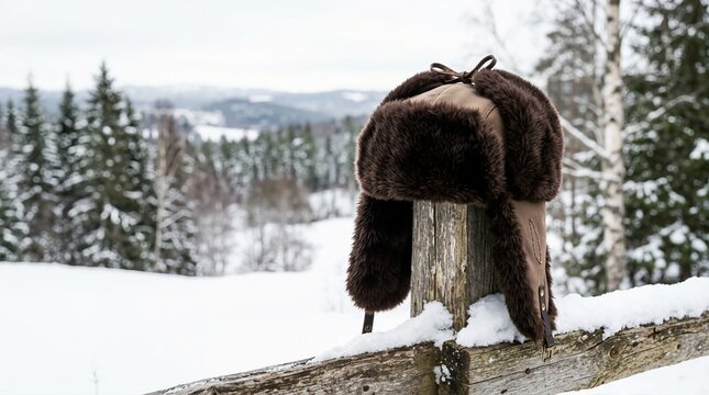 Brown fur ushanka winter hat resting on a wooden fence post. Traditional trapper hat in snowy landscape with pine trees