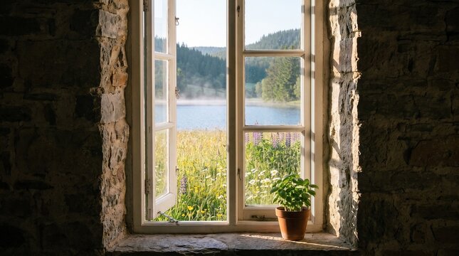 Vertical view through open white cottage window onto wildflower meadow, lake and pine hills in soft morning light with basil pot on stone sill and copy space