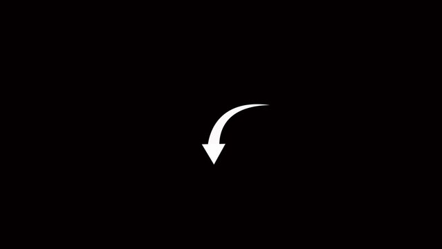 A single white curved arrow pointing downwards and to the left on a solid black background representing a directional cue or a download action or a reset function with a clean and simple style