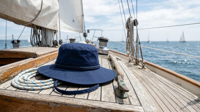 Blue sun protection sailing hat and coiled rope on wooden sailboat deck. Nautical gear and maritime travel concept