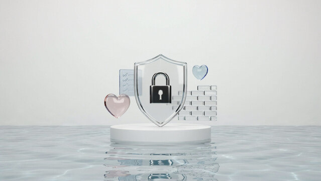 Small glass shield with central padlock and surrounding floating data icons on a podium security protection pedestal transparent reflection abstract internet floating business encryption