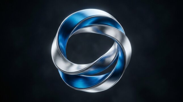 Intertwined blue and silver metallic mobius ring icon with brushed metal texture over dark studio background.
