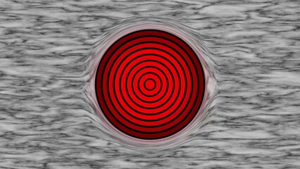 A vibrant red circular target with multiple concentric black rings is set against a textured gray background resembling wood grain or marble, creating a striking abstract visual © HUJAYFA