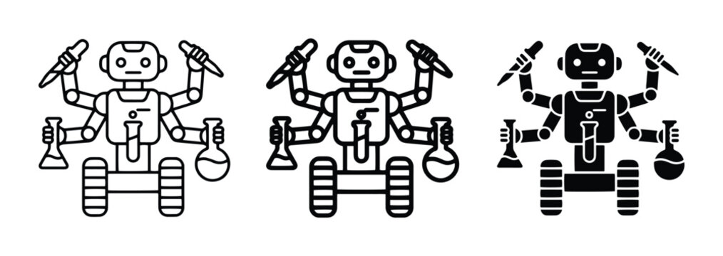 Robot chemist with multiple arms holding test tubes and flasks, science illustration