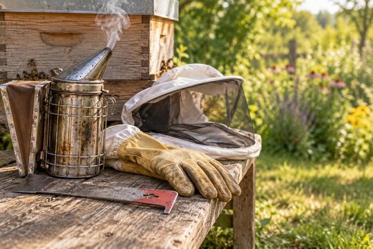 Beekeeping tools, bee smoker, veil hat, leather gloves, hive tool on rustic bench at beehive in garden, nobody